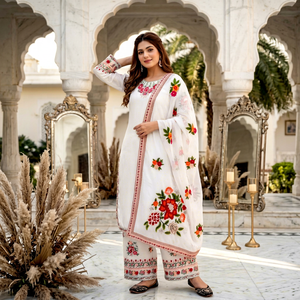 Costume Anarkali pour femmes, blanc, brodé de fleurs, avec dupatta, coupe ample, vêtements traditionnels indiens et pakistanais, vêtements décontractés, en coton - Product Image 1