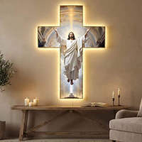 Croix de Jésus sculptée avec soin et illuminée, peinture artistique murale en bois lumineux LED pour la décoration chrétienne de la maison
