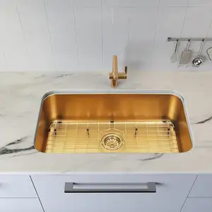 Lavello da cucina in oro installato sotto il piano di lavoro, lavello lussuoso, lavello da cucina in acciaio inox nano fatto a mano