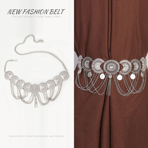 <span class=keywords><strong>Ceinture</strong></span> élastique pour femme avec chaîne, style bohème, disque <span class=keywords><strong>en</strong></span> filigrane <span class=keywords><strong>argent</strong></span>é, breloques à franges et pièces de monnaie, accessoire de taille à pampilles - Product Image 1