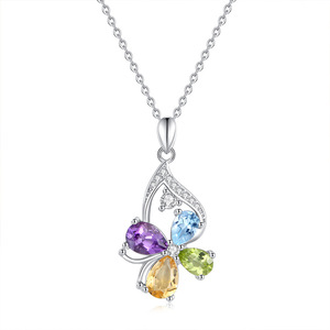 Collier trèfle à quatre feuilles en pierre naturelle colorée, argent sterling 925, pavé de cristaux de pierres précieuses taillées en poire, bijoux pour femmes - Product Image 1