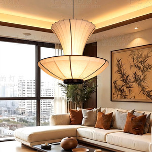 Lustre de salon de style Song, 80 cm, 100 cm, LED tricolore, lumière chaude, design chinois, lampe suspendue en tissu - Product Image 5