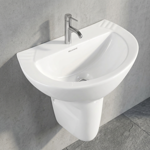 Montaje en pared Lavado a mano Cilindro de superficie sólida Semi lavabo-Medio Pedestal Lavabo Soporte para fregadero Baño de cerámica Productos sanitarios - Product Image 5