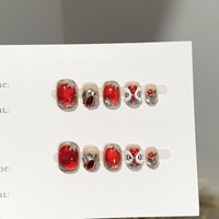 Faux Ongles de Luxe Faits Main Personnalisés à Coller, Motif Danse du Lion 3D, Breloques Œil de Chat Rouge, Réutilisables, pour Nail Art