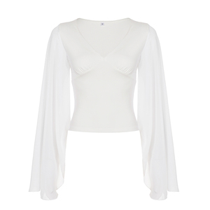 Women's Chiffon <b>Patchwork</b> V Neck Tie Waist Knit T Shirt Flare Sleeve Solid Color Casual Fashion <b>Top</b> - Product Image 6