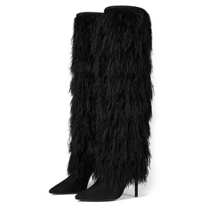 Bottes hautes en daim à fourrure épaisse pour femme, grande taille 44, à bout pointu, talons aiguilles, avec pompons en fourrure - Product Image 3