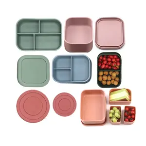 bpa free biodegradable eco friendly reusable speckle microwaveable three compartments silicone lunch bento box for kids