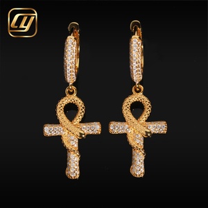Boucles d'oreilles pendantes Ankh Serpent Croix en Argent 925 et Moissanite, entièrement pavées de pierres, style Huggie Hoop, pour Hommes et Femmes, Bijoux Hip Hop Bling - Product Image 1
