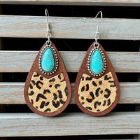 Pendientes de Cuero Estilo Western, Clásicos con Diseño de Leopardo, Cuero Vacuno, Turquesa y Madera, Pendientes Vintage para Mujer, Joyería de Moda
