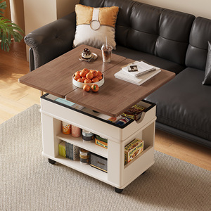 Solid Wood Folding Coffee Table With Wheels Height Adjustable Living Room Side Cabinet Movable <b>Trolley</b> Storage Shelf - Product Image 3