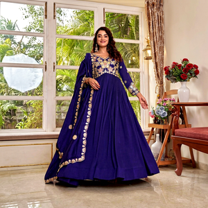<b>Women</b> Indian Ethnic Blue Embroidered Anarkali Gown <b>Suit</b> Set Floor-Length Loose Fit Traditional <b>Wedding</b> <b>Dress</b> with Dupatta - Product Image 2