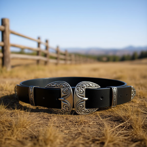 Cintura in Vera Pelle 3,5x100cm con Fibbia Argento Stile Western - Product Image 2