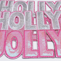 Patch brodé Holly Jolly Christmas en chenille et sequins, applique lettres personnalisée, thermocollante pour vêtements et vêtements pour bébés