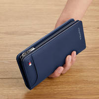 Dompet Pria Panjang RFID Asli Kulit Asli Modis dengan Ritsleting Hitam