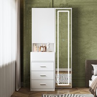 100 MOQ Coiffeuse en bois blanc avec plateau coulissant, miroir pleine longueur, étagères dissimulées, tiroirs et éclairage LED