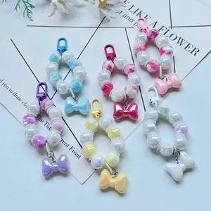 Creative two-color Corner bead bow car key chain pendant Internet celebrity cute pearl ring schoolbag bag pendant