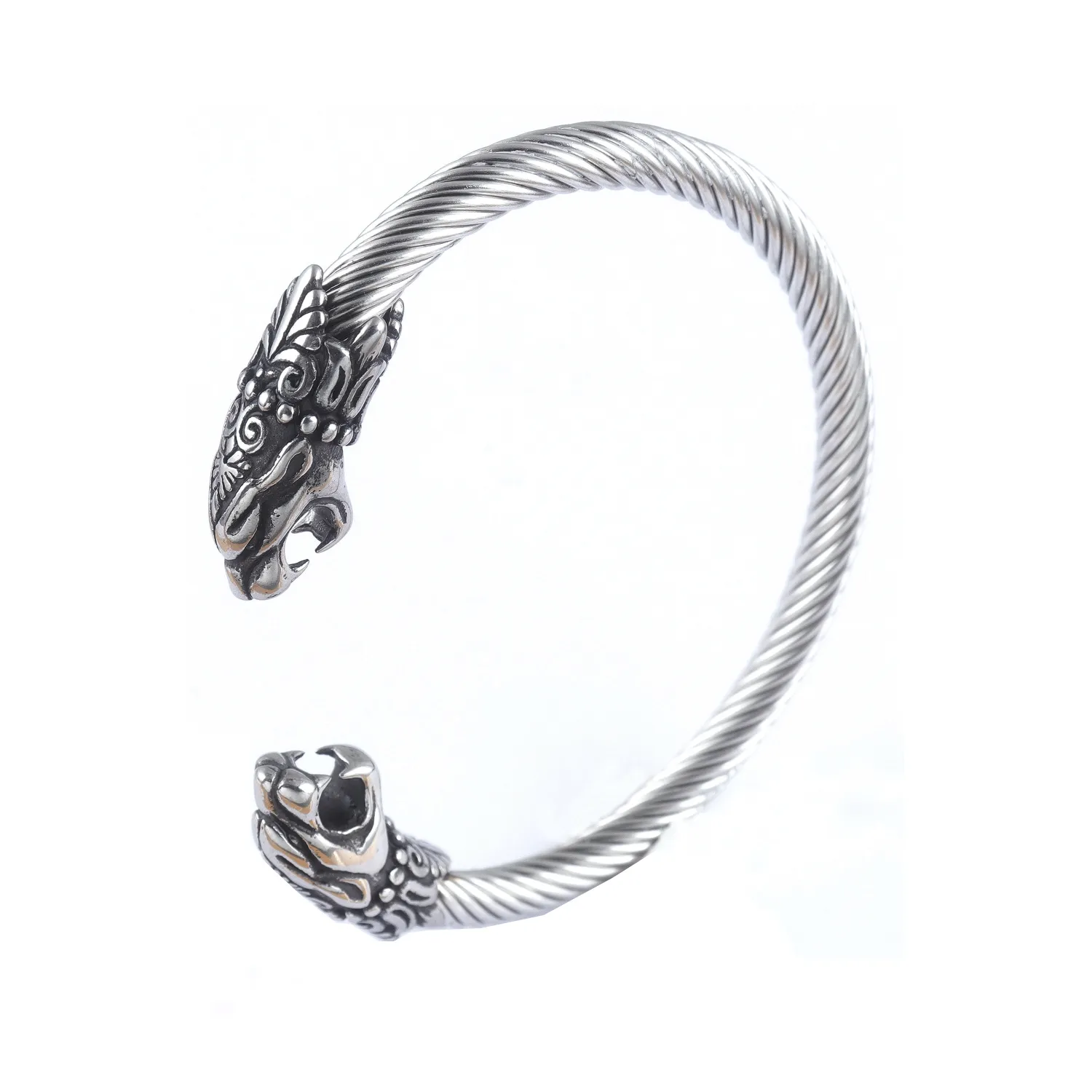 Bracelet en argent pour homme, bijou inspiré du film Viking, têtes de Dragon loup, câble torsadé, manchette ouverte et ajustable