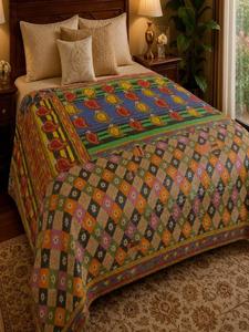 Indian Handmade Cotton Kantha Quilt Reversible Block Print Bedspread Soft <b>Quilted</b> Blanket Vintage Bohemian Home Decor <b>Bedding</b> - Product Image 5