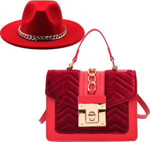 Q20123 8 couleurs automne/hiver dames Jazz large bord Fedora avec chaîne bandeaux et velours sacs à main femmes feutre <span class=keywords><strong>Fedoras</strong></span> + sac ensemble - Product Image 4