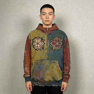 โรงงาน OEM/ODM รับผลิตเสื้อผ้าสตรีทแวร์แบบกำหนดเอง ผ้าฝ้าย 400gsm ทรงบ็อกซี่ ปักลายด้วยมือแบบแบน ล้างสีแบบแอซิดวอช  เสื้อฮู้ดซิปผู้ชายแบบดิสเทรส - Product Image 3