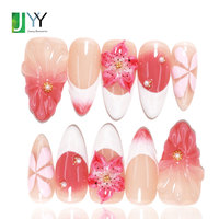 Kit de Faux Ongles à Presser en Acrylique de Luxe pour Femmes, Faits Main, Personnalisés, avec Fleurs 3D Ombrées en Gel, Forme Amande, Style French, Vente en Gros