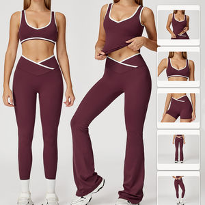 Kadın Spor Giyim Nefes Alabilen Düz Renk Kontrast Biyeli İki Parçalı Set Sütyen Pantolon Fitness Atletik Spor Salonu Yoga Kıyafeti Ropa Deportiva Mujer - Product Image 1