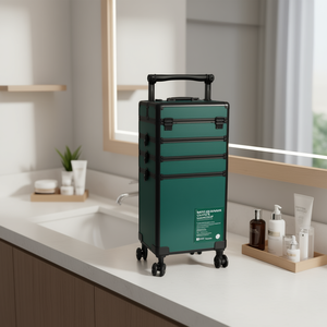 Maleta de Maquillaje con Ruedas de Aluminio, Verde Oscuro, Bolsa de Cosméticos Intercambiable, Gran Capacidad, Estilo Moderno, con Ruedas y Asa - Product Image 2