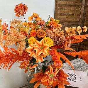 ดอกไม้ประดิษฐ์จินซี ซีรีส์สีส้ม กุหลาบผ้าไหม ก้านเดี่ยว สำหรับตกแต่งงานแต่งงาน สีสันฤดูใบไม้ร่วง สีแดงส้มเหลือง - Product Image 1