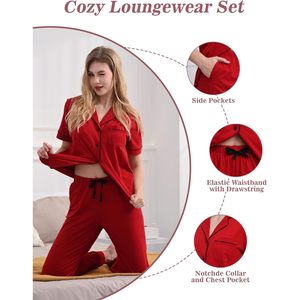 Ensemble de pyjama en coton pour femme, manches courtes, boutonné, 2 pièces, vêtements de détente, vêtements de nuit, vêtements de détente en coton et bambou pour femme - Product Image 3