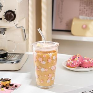 New Product Cherry Blossom Colorful Glass <b>Cup</b> High-quality Appearance <b>Straw</b> <b>Cup</b> Glass Trendy <b>Cup</b> Glass Milk <b>Water</b> <b>Cup</b> - Product Image 5