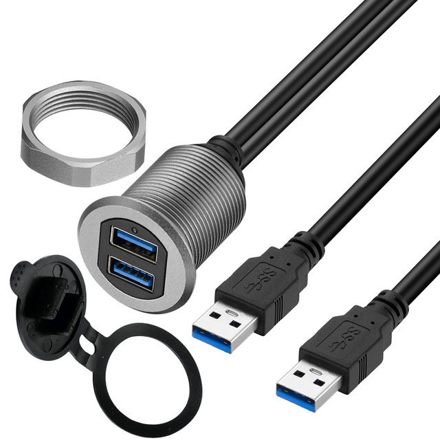 Bochara Dual USB3.0 USB 2.0 Male to Female Flush Mount Panel Extension Cable With Indicator Light Aluminum Alloy Shell for Car