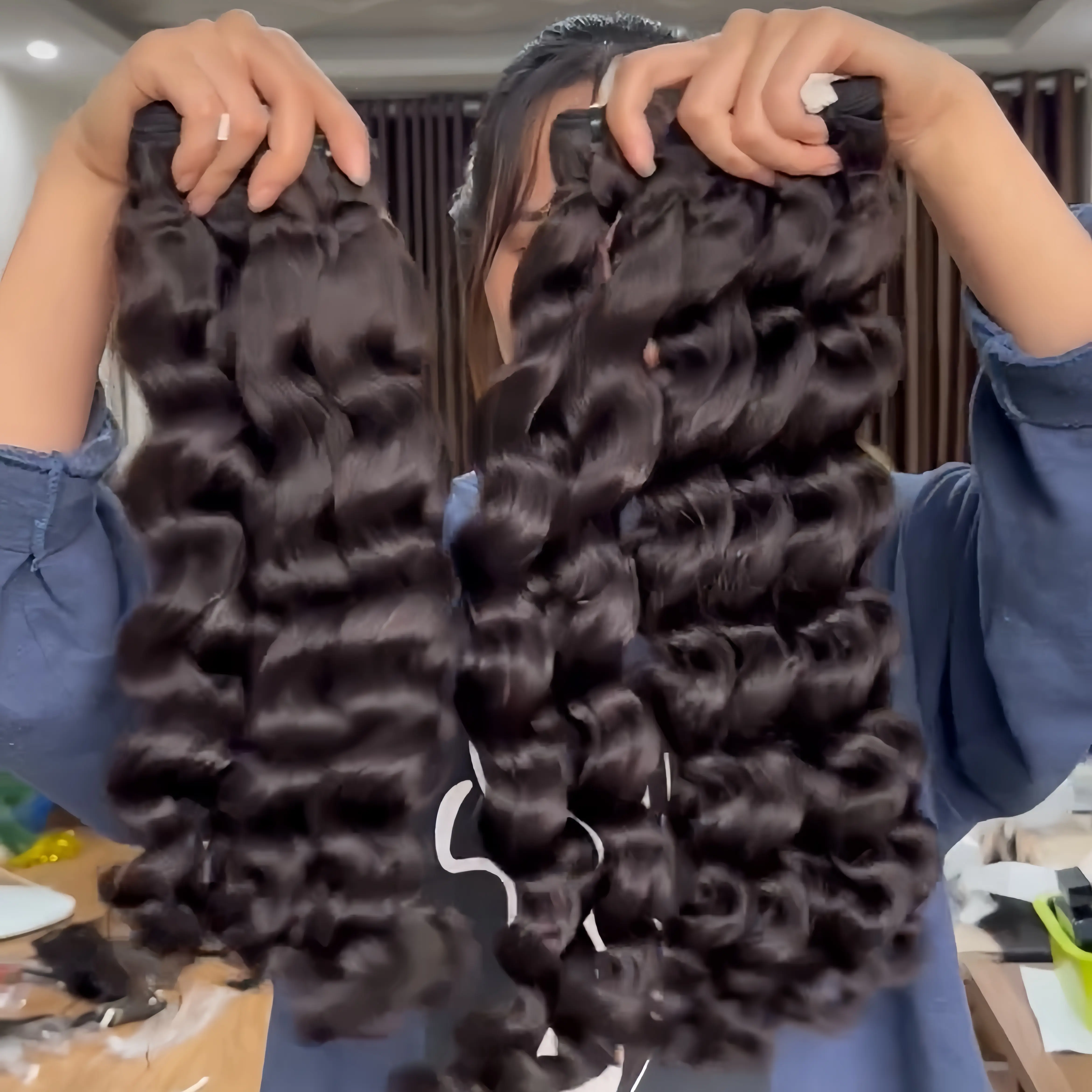 Vendor grosir rambut manusia mentah berikat-ikat rambut sambungan kutikula tanpa proses 100 rambut asli Kamboja