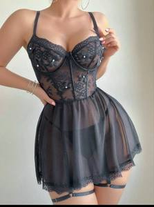 Ensemble de lingerie pour femmes en dentelle tissée semi-transparente avec design à boucles pour les jambes - Product Image 4