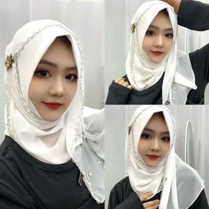 Hijab de trabajo pesado de lujo con diamantes de imitación de cristal, cuentas y borlas largas-Cubierta de cabeza de poliéster - Product Image 3