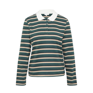Polo rayé à manches longues pour femme, éco-responsable, en coton biologique, mode durable, vert, pour acheteurs en gros, personnalisable, prêt à l'emploi - Product Image 1