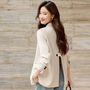 Women's Back Slit Blazer Off White Solid Color Anti Wrinkle Spring Autumn Commuter Suit Top - Product Image 1