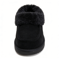 Vente en gros OEM/ODM, pantoufles pour hommes en fausse fourrure noire, doublure en peluche douce, logo personnalisé, style hiver, chaussures d'intérieur, semelle imperméable antidérapante