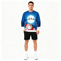 Sweat-shirt à col rond pour homme personnalisé OEM ODM avec impression intégrale de bonhomme de neige et traîneau pour les fêtes de Noël