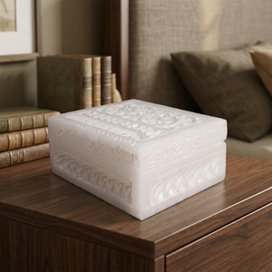 Worldwide Export of Handcrafted Indian <b>Marble</b> Modern Florals Jewelry Box with Engraved Printing Custom Packaging for Gifting - Product Image 2