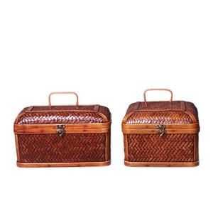 Bamboo Woven Storage Basket Rectangle Handmade Food Container Chinese Style Lid Box - Product Image 5