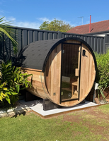 Traditionelle Outdoor-Rundfass-Sauna aus Massivholz mit Asphaltschindeldach für Familiengesundheit