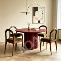 Table à manger ronde en MDF rouge vin, design artistique, base cylindrique, table de salle à manger moderne pour hôtel, restaurant
