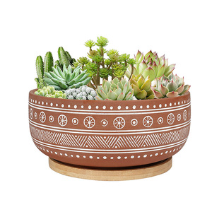 Pot de plante succulente en terre cuite avec plateau en bambou, pot rond peu profond pour bonsaï - Product Image 1