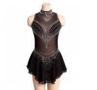Robe de patinage artistique noire à col montant sans manches, ornée de strass épais en maille pour la compétition et les spectacles des filles adultes
