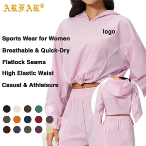 <span class=keywords><strong>Ensemble</strong></span> de survêtement pour <span class=keywords><strong>femme</strong></span> avec logo personnalisé, 2 pièces, sweat à capuche court et short, ensembles de yoga, vêtements de sport décontractés pour la course à pied et l'entraînement - Product Image 2