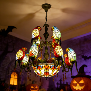 Lampadario Tiffany in Stile Turco con <span class=keywords><strong>Pappagallo</strong></span> in Vetro <span class=keywords><strong>Colorato</strong></span> |   Lampada a Sospensione Dimmerabile a Risparmio Energetico con Finitura Dorata, Durata 12000 Ore - Product Image 6