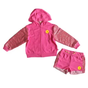 Customization Autumn Pink Sequined Hoodie And Shorts Kids Tracksuits Sets For Girls