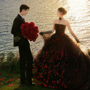 Strapless Black Ball Gown Tulle Floral Print Wedding Dress For Evening Banquet Stage Performance Emcee - Product Image 3