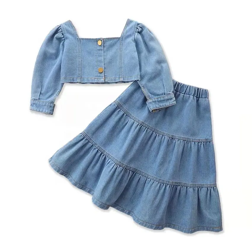 Fashion New Style Puff Sleeve Top Denim Long Skirt Two Pieces Baby Girls Outfit Sets