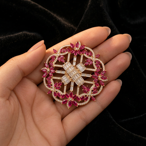 Premium 925 Sterling <b>Silver</b> <b>Brooch</b> with Ruby Pink Marquise Stones Moissanite Antique Gold Finish Luxury Floral Statement Jewelry - Product Image 6